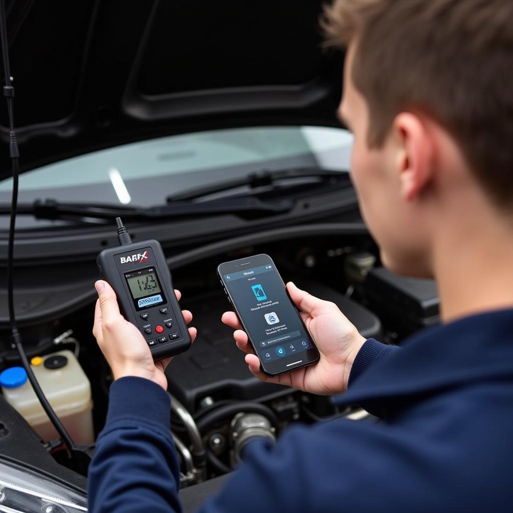 Mechanic using an OBDII scan tool to diagnose car problems