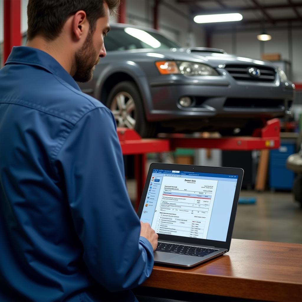 Mechanic using an OCR scanning tool on a laptop for automotive diagnostics