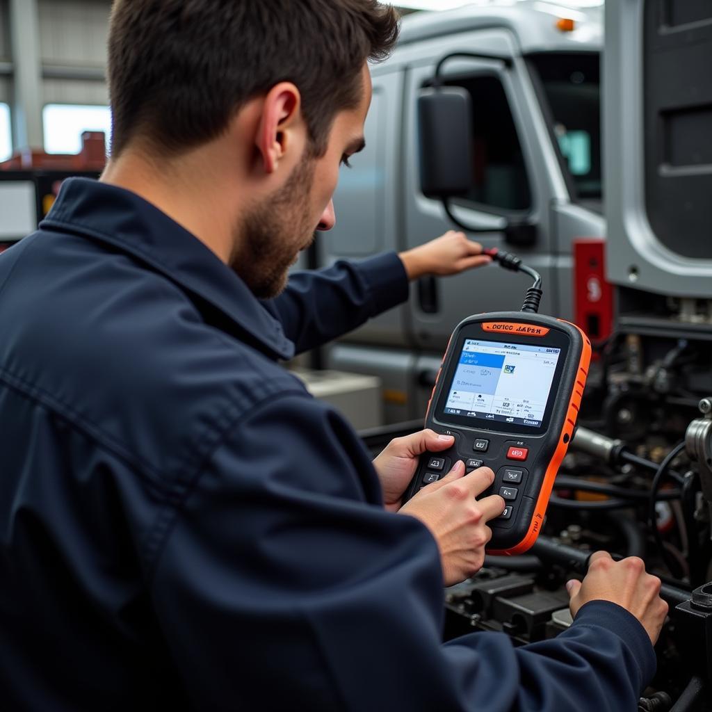 Mechanic using OTC 3417 scan tool in workshop