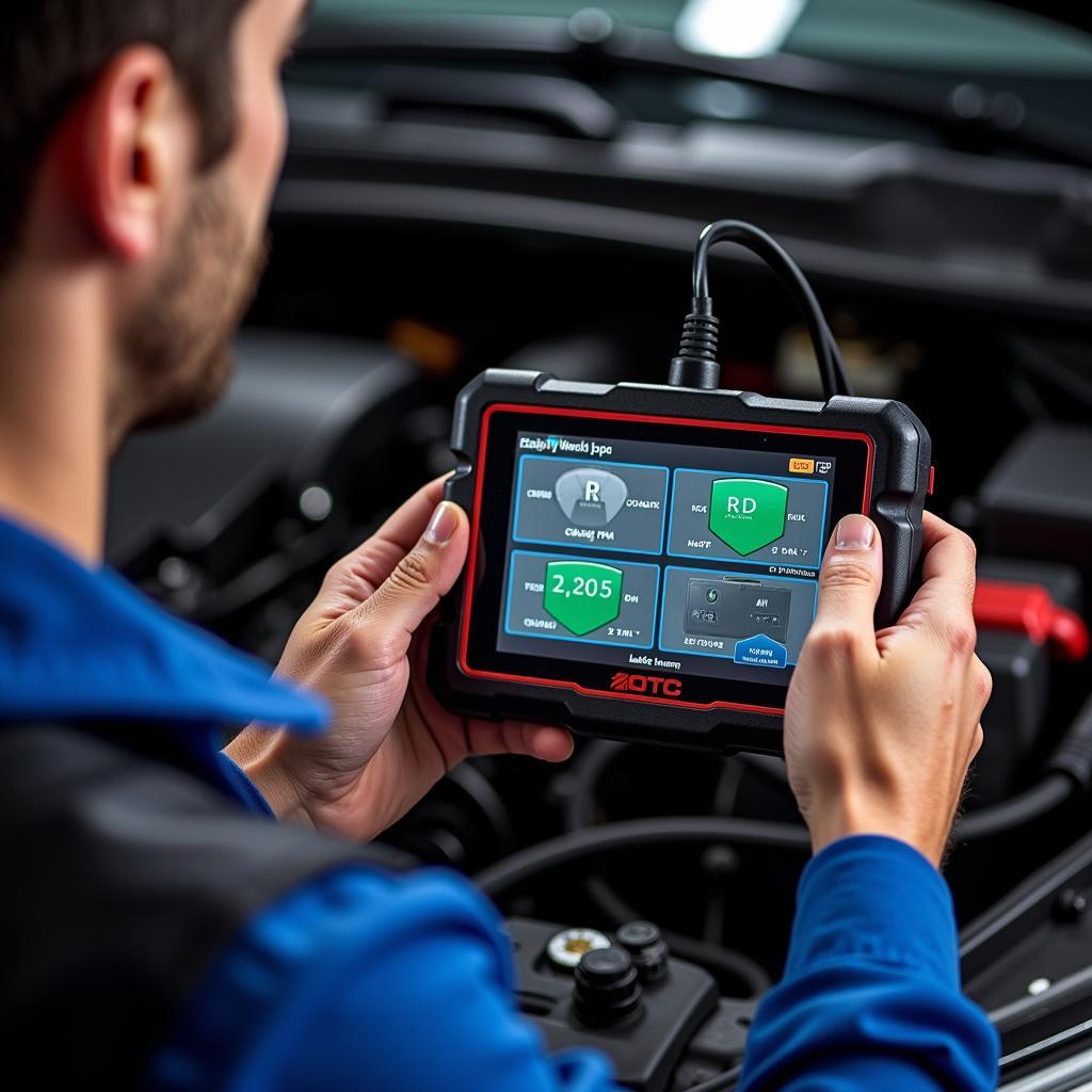 Technician analyzing live data from an OTC car scanner