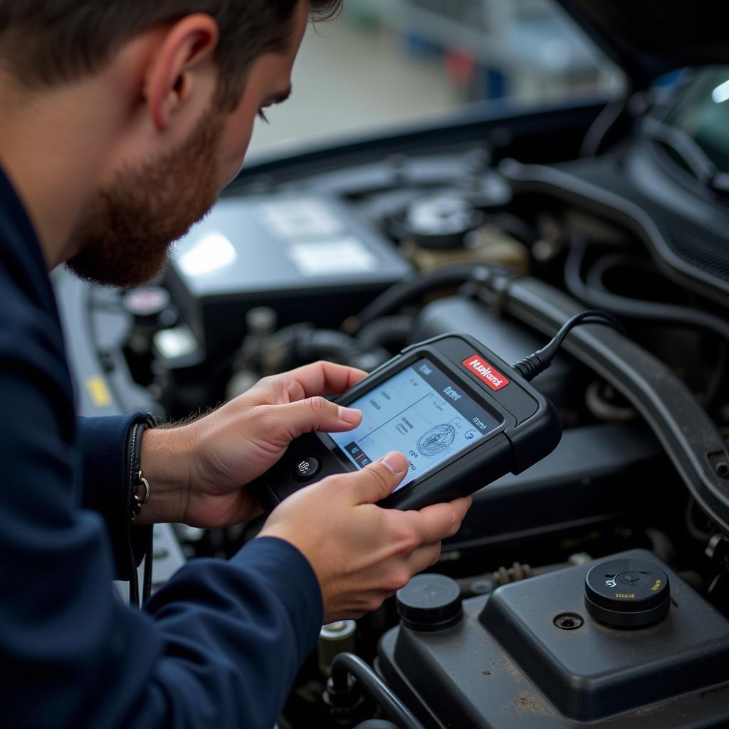 Mechanic Using a Professional Diagnostic Tool in a Workshop