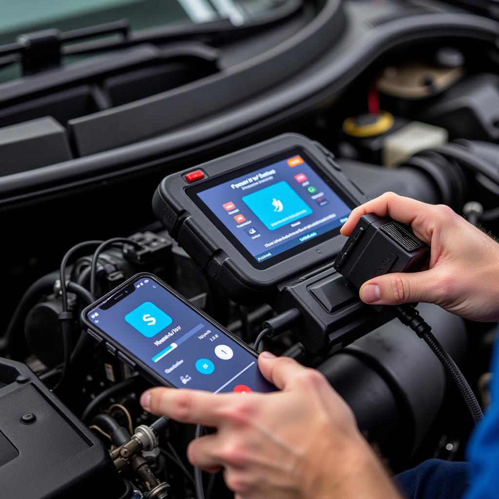 Mechanic Using Professional Diagnostic Tool on a Car