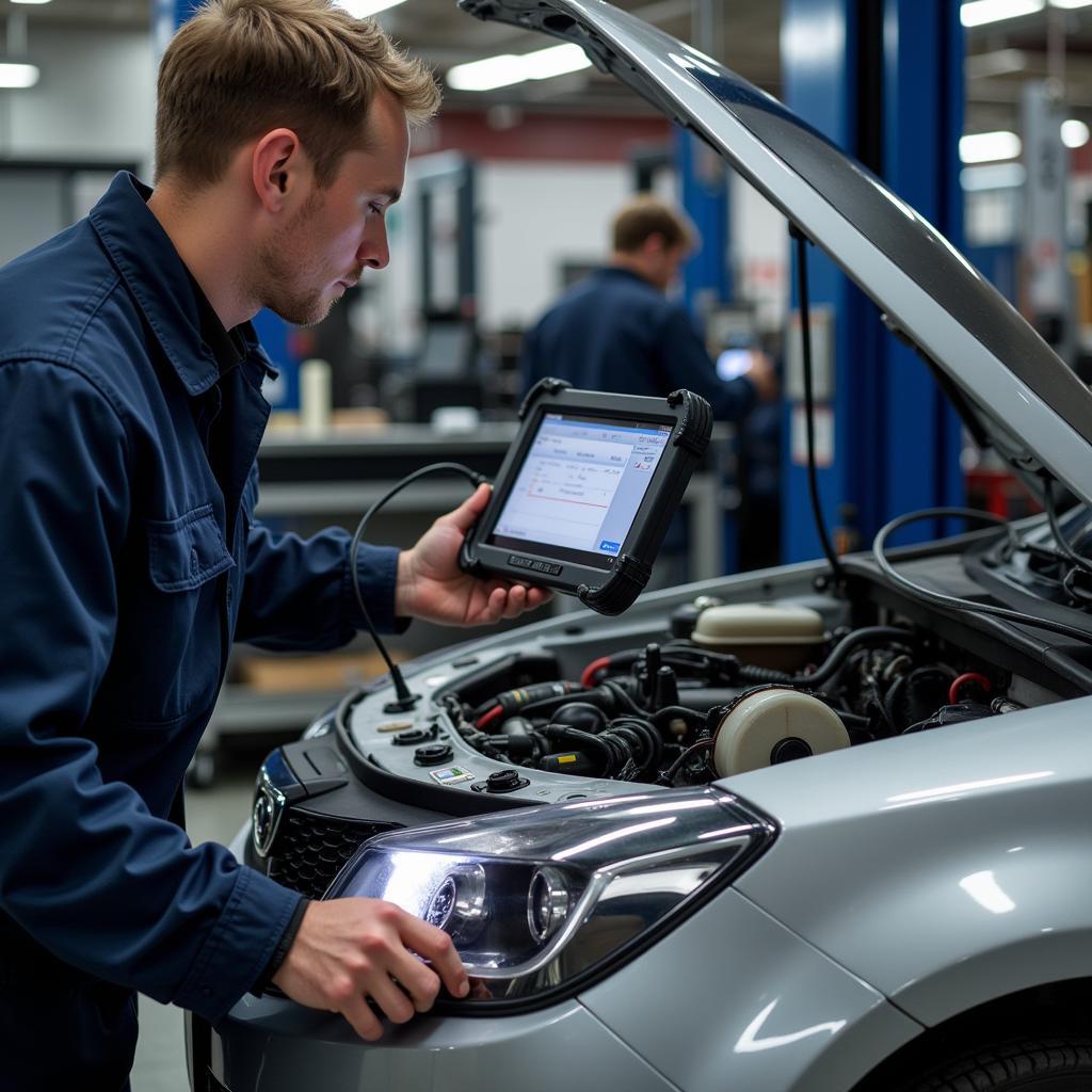 Mechanic Using a Professional Diagnostic Tool in a Workshop