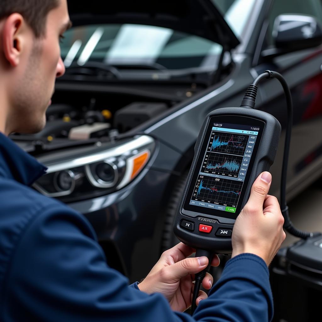 Mechanic using advanced diagnostic scan tool on a vehicle