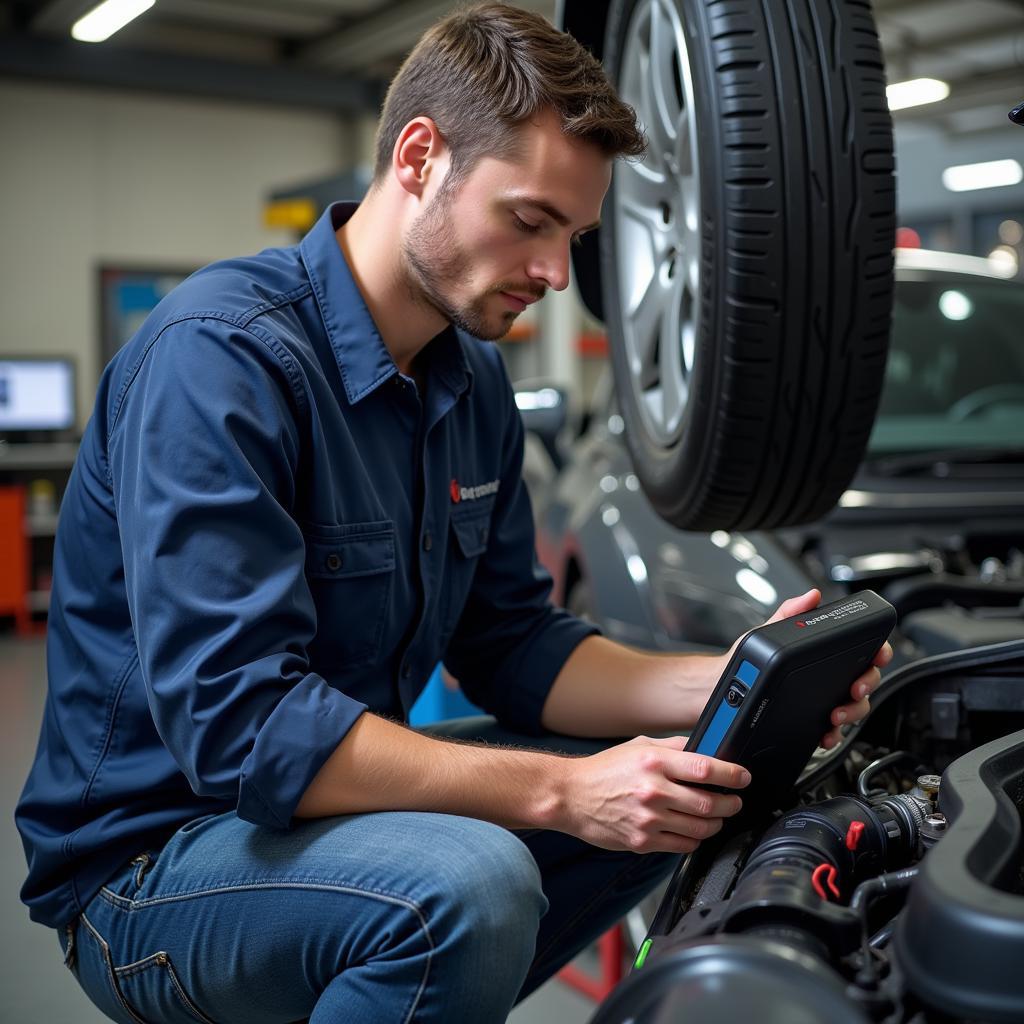 Mechanic Using PS4 Diagnostic Tool in Workshop