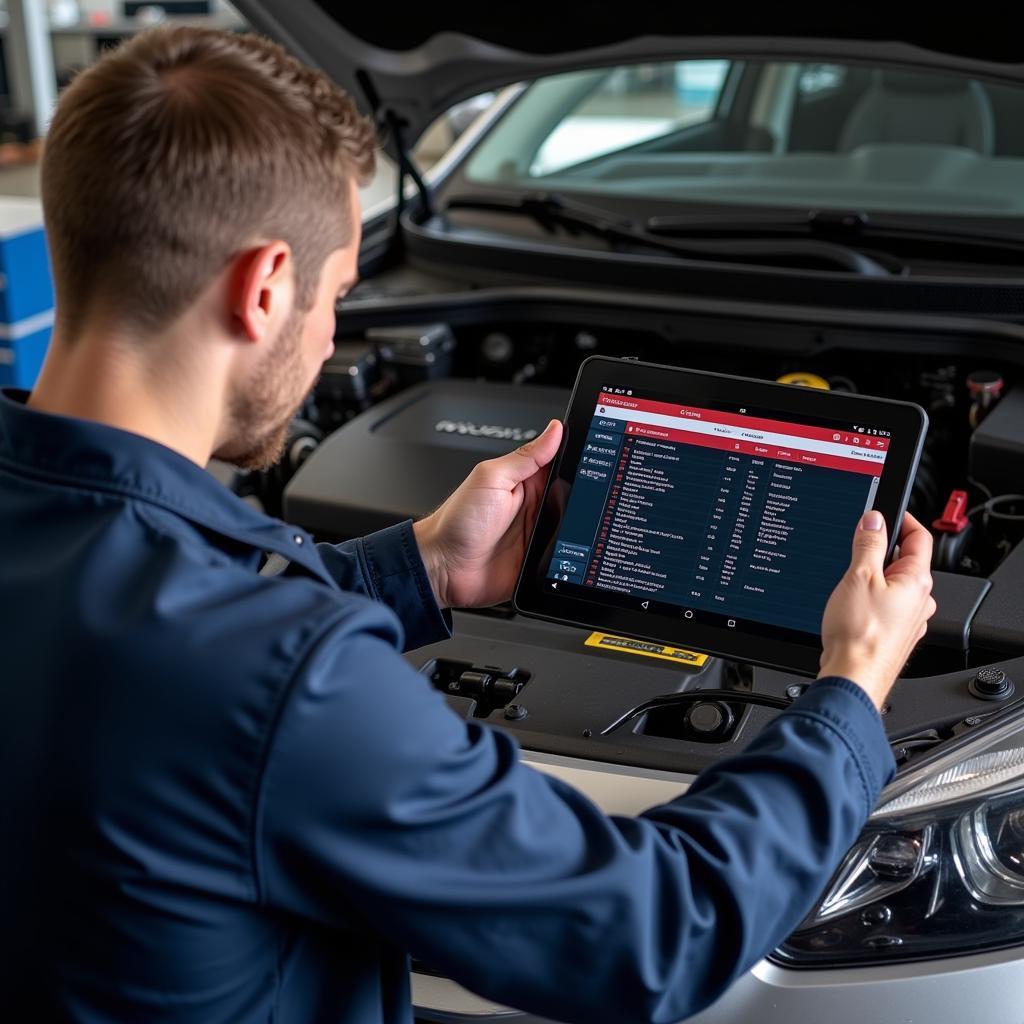 Mechanic using a scan tool OBD2 dongle