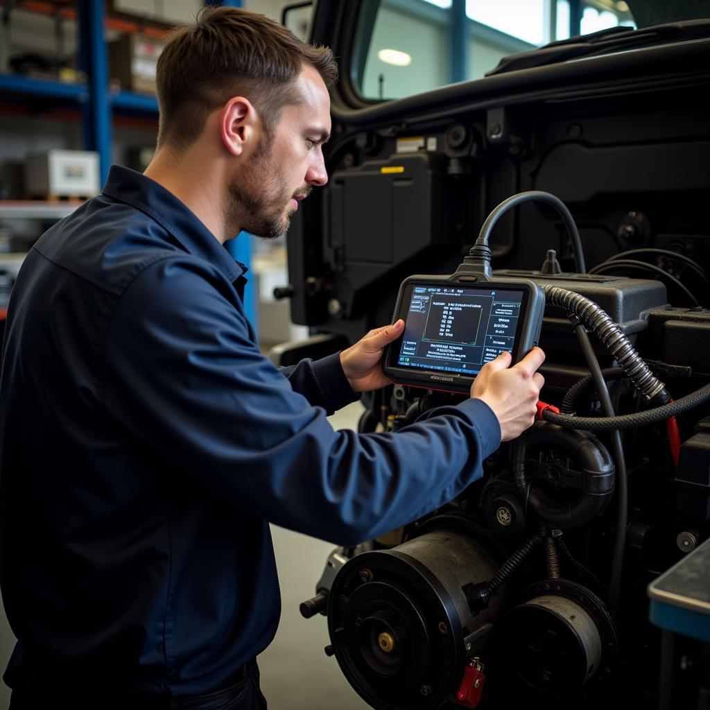 Mechanic Using a Scan Tool to Diagnose a Diesel Engine