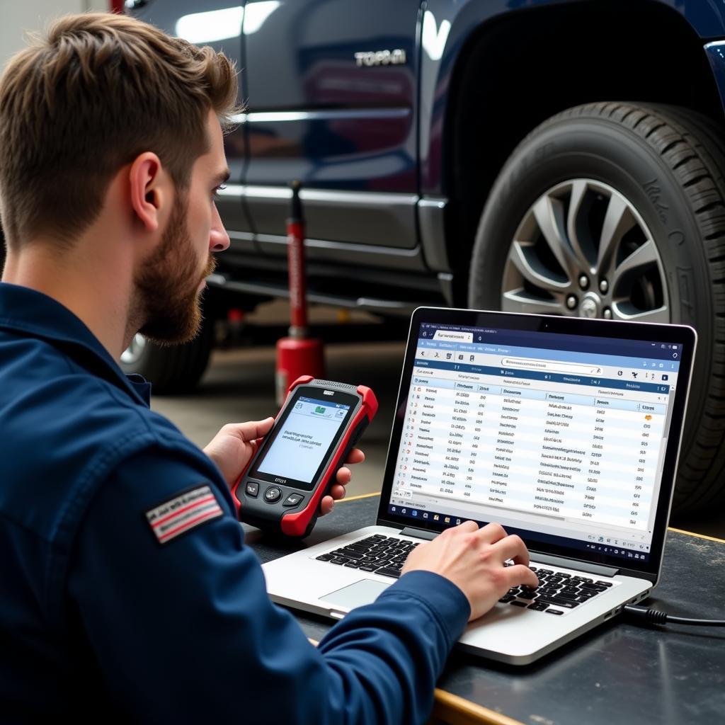 Mechanic using scan tool and laptop in a repair shop