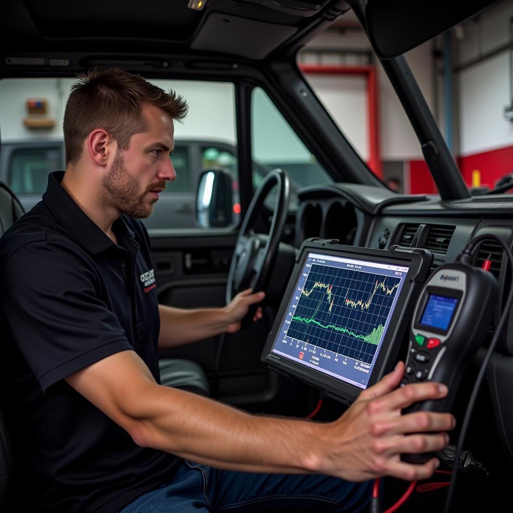 Mechanic diagnosing a 7.3 Powerstroke engine using a professional scan tool