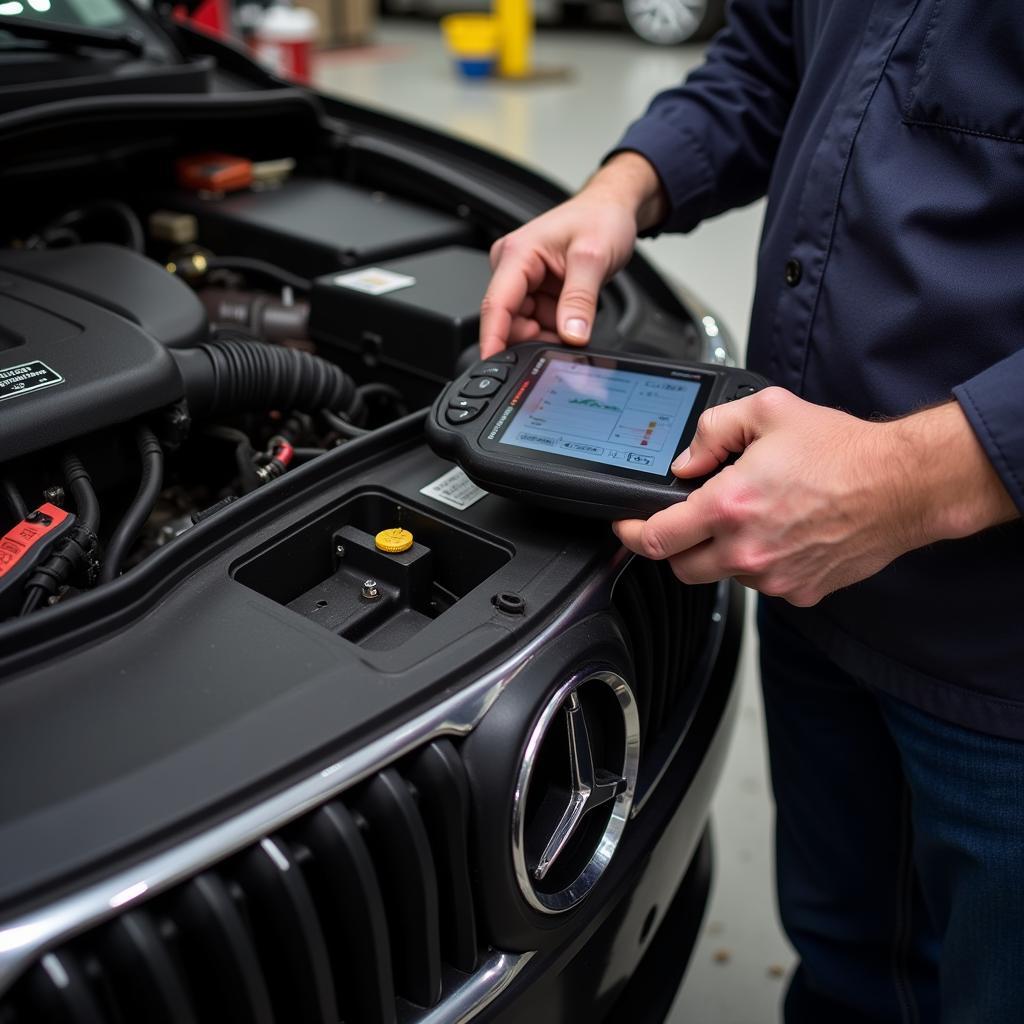 Mechanic Using Scan Tool for Car Diagnostics