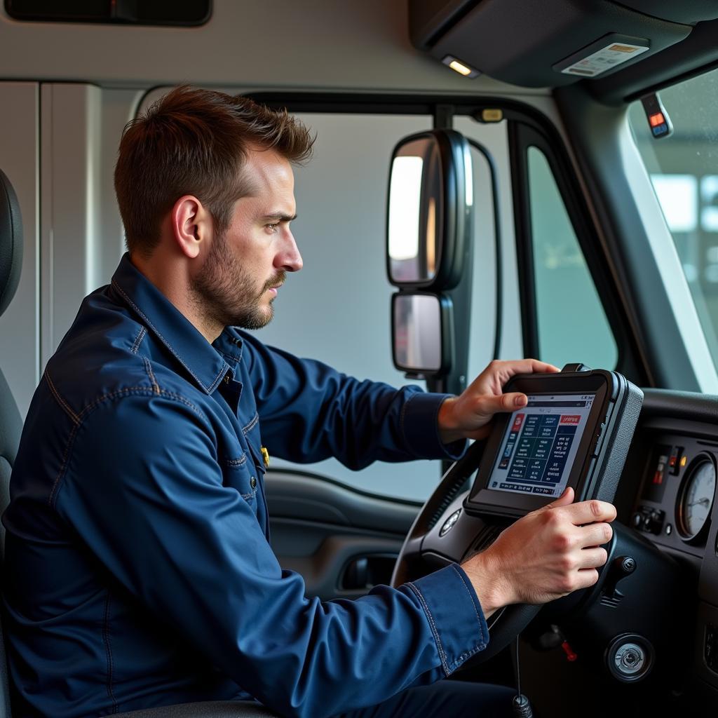 Mechanic diagnosing an International 5500 truck using a professional scan tool