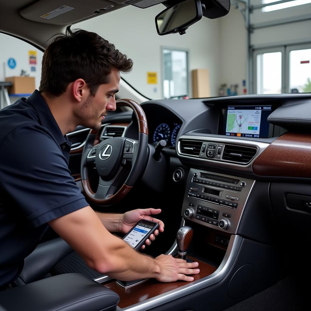 Mechanic Using a Formatted Scan Tool on a Lexus LS 460