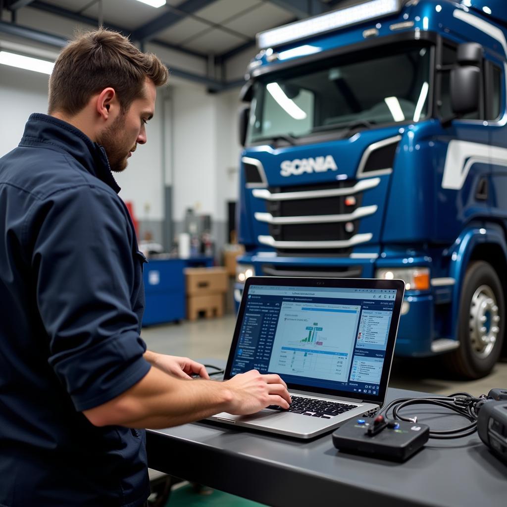 Mechanic using Scania diagnostic tool