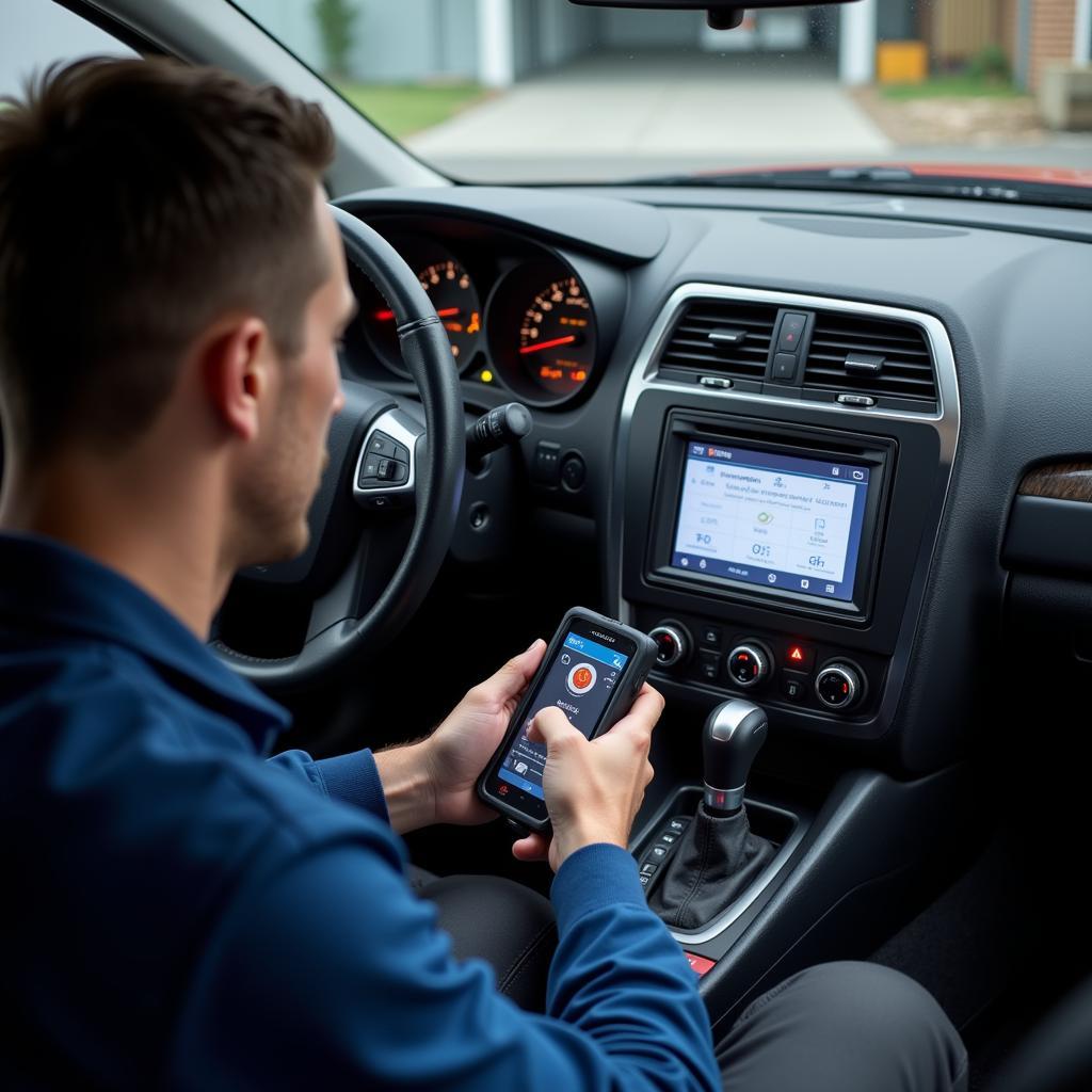 Mechanic Using a CANOBD2 Scanner Under the Dashboard