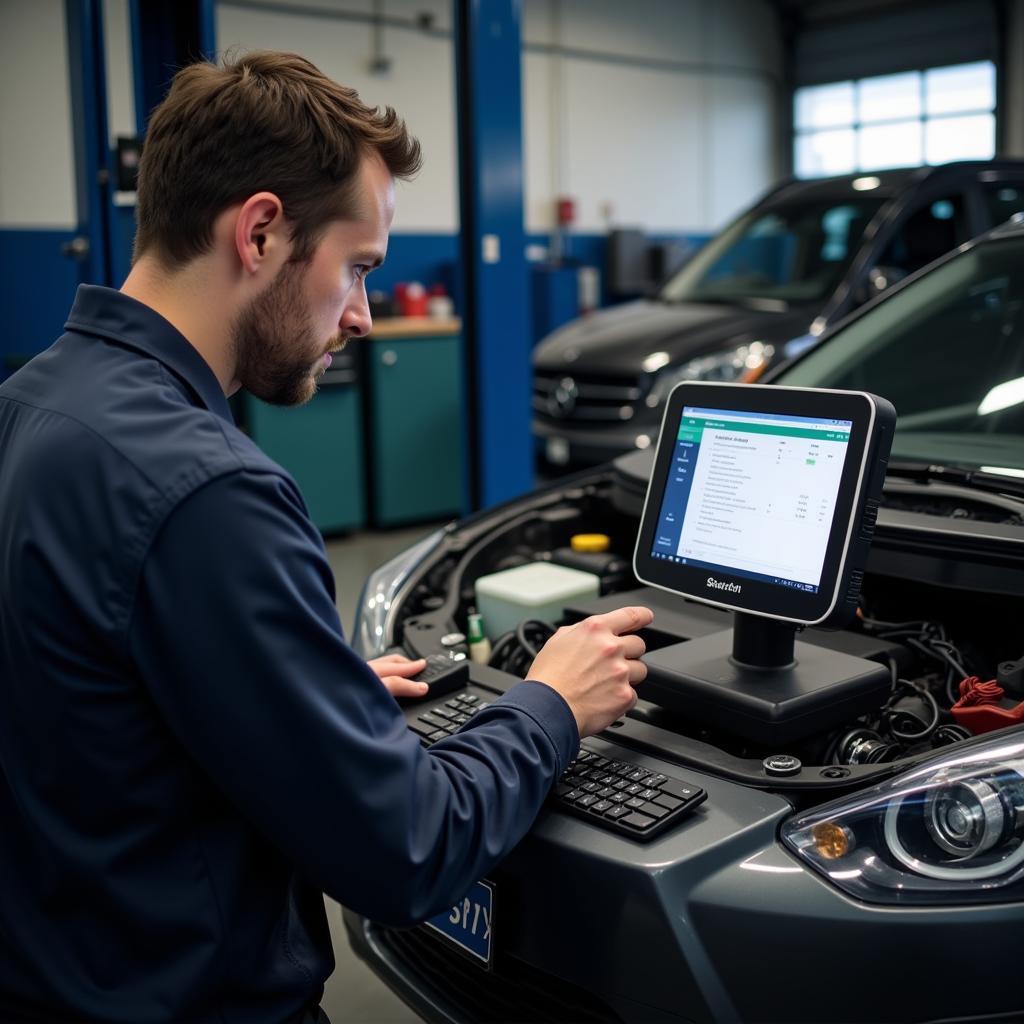 Mechanic Using the SmartHQ Diagnostic Tool in a Workshop