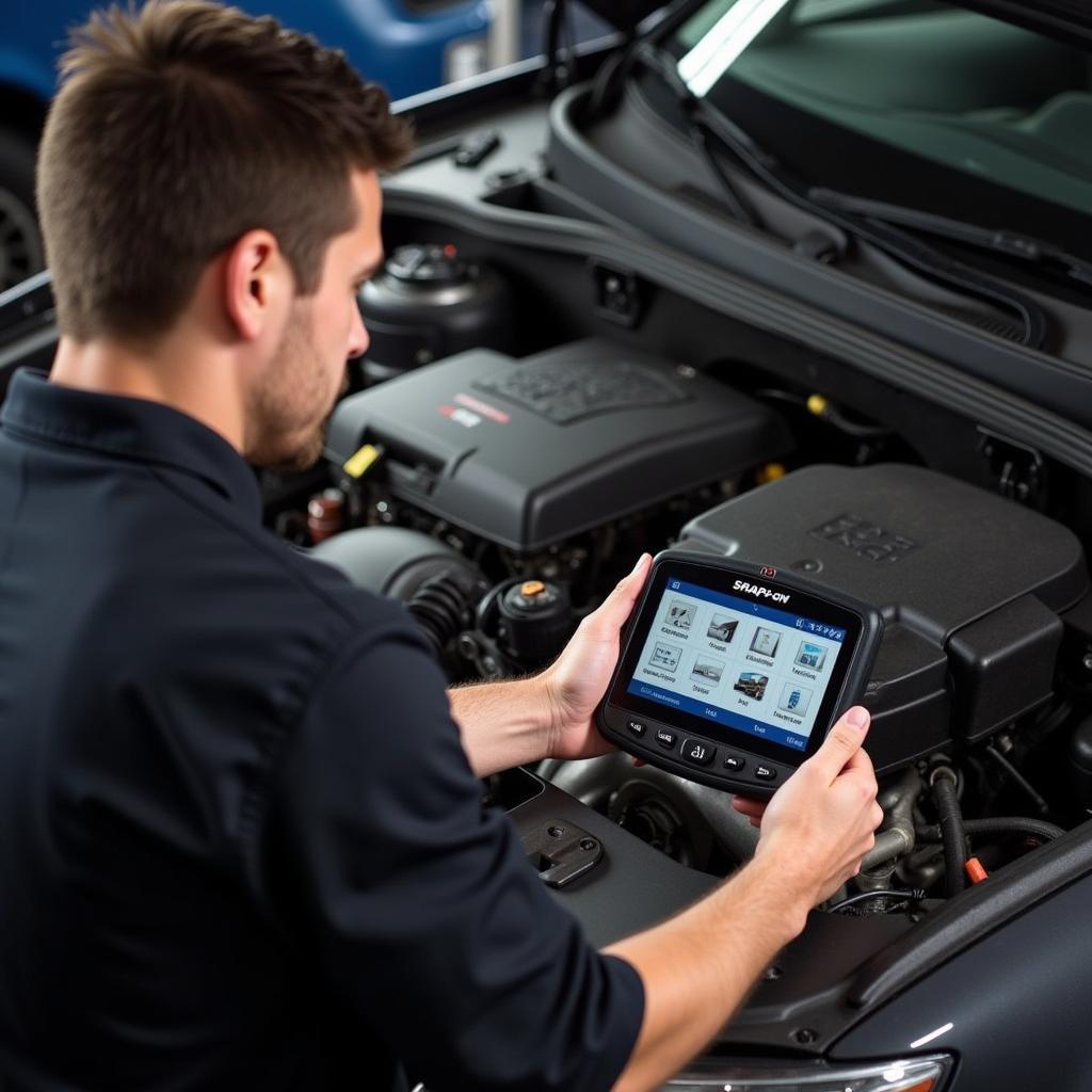 Mechanic Using Snap-on Diagnostic Tool