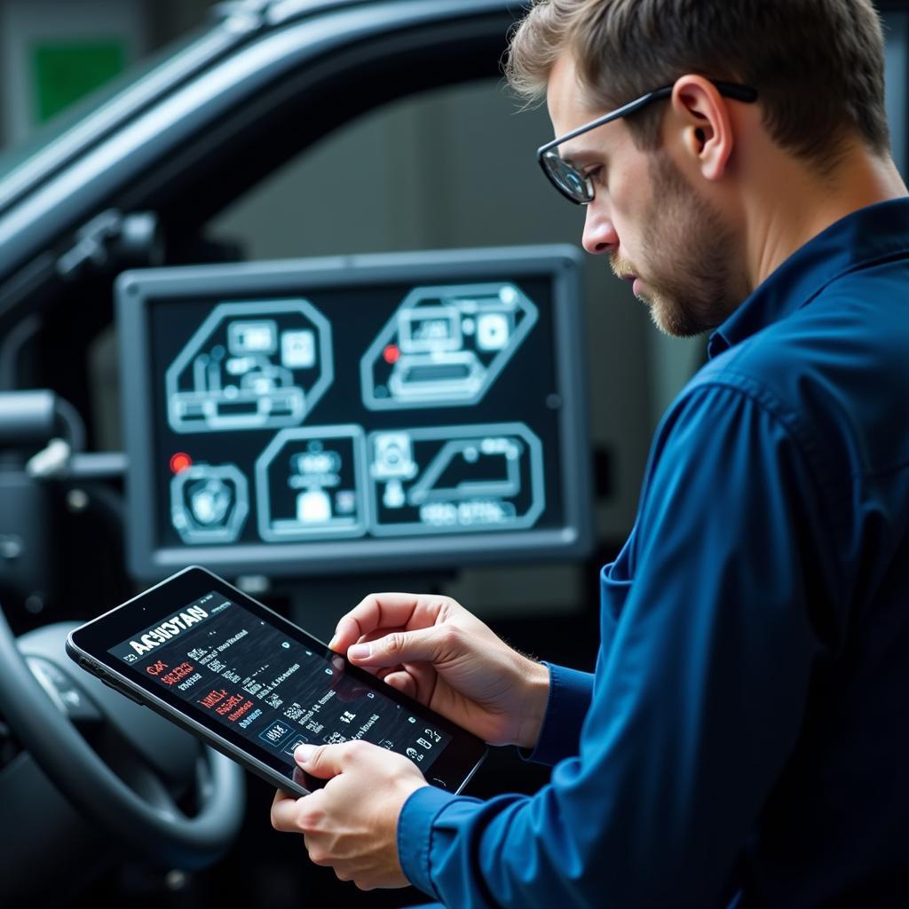 Mechanic Using a Tablet for Car Diagnostics with a Wireless Connection to the Vehicle