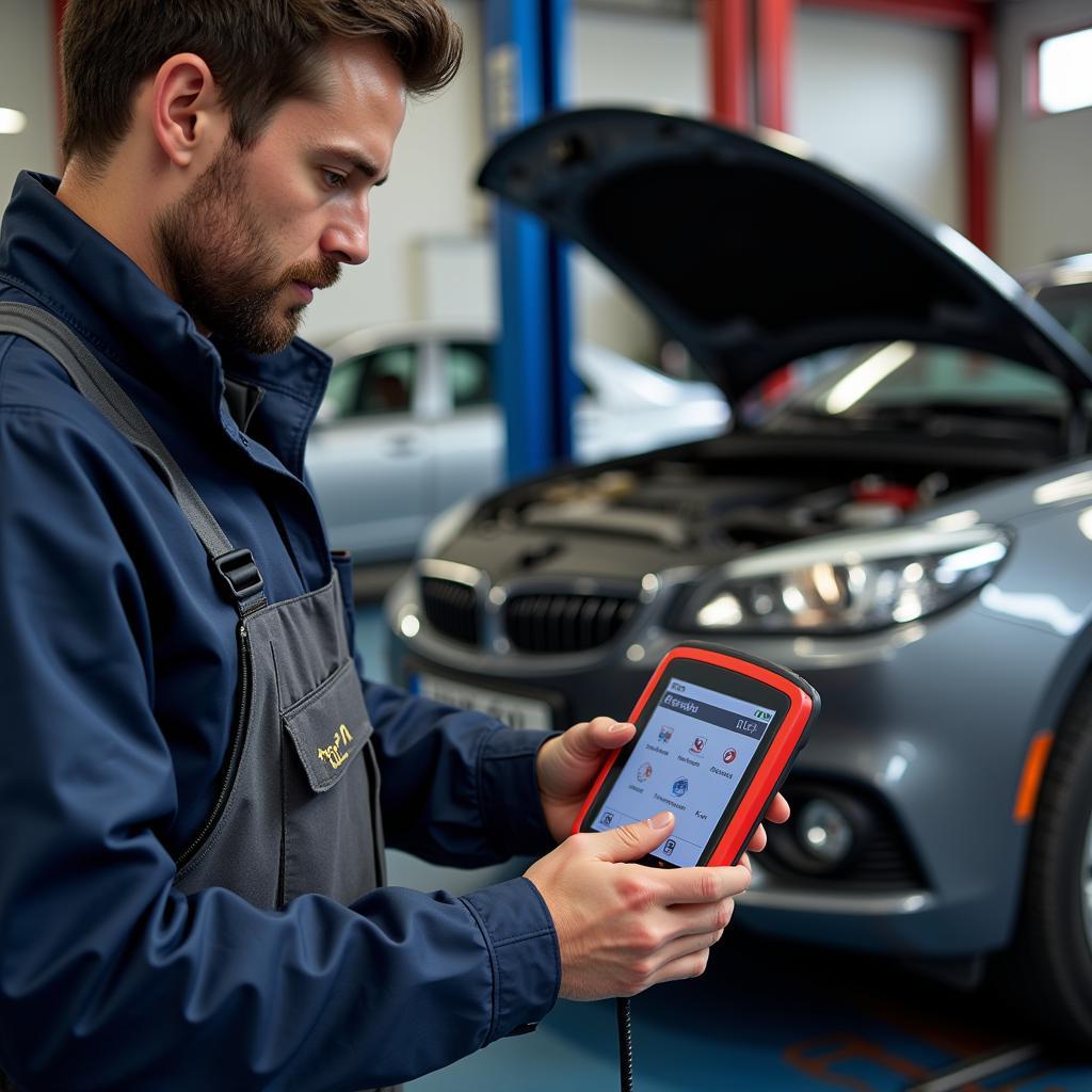 Mechanic Using Texa Diagnostic Tool in a Workshop