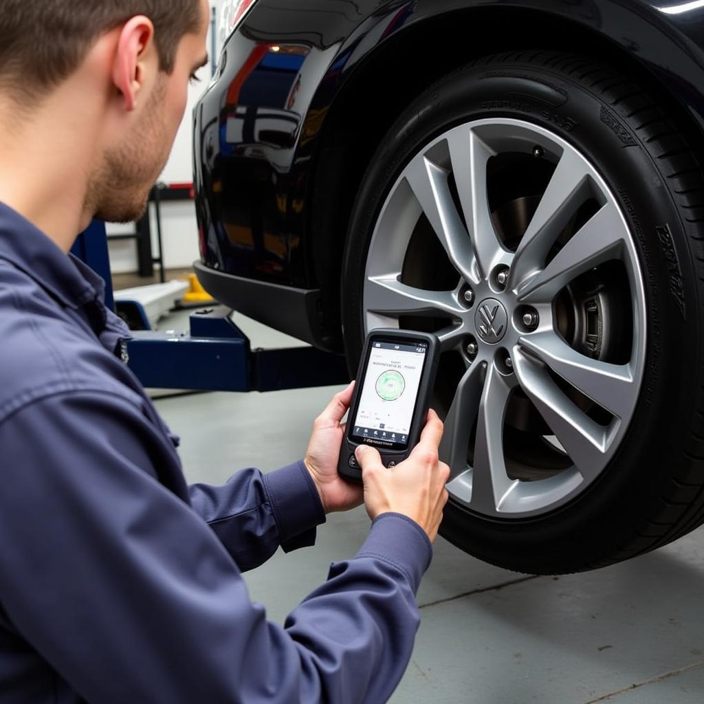 Mechanic Diagnosing TPMS with a Scan Tool