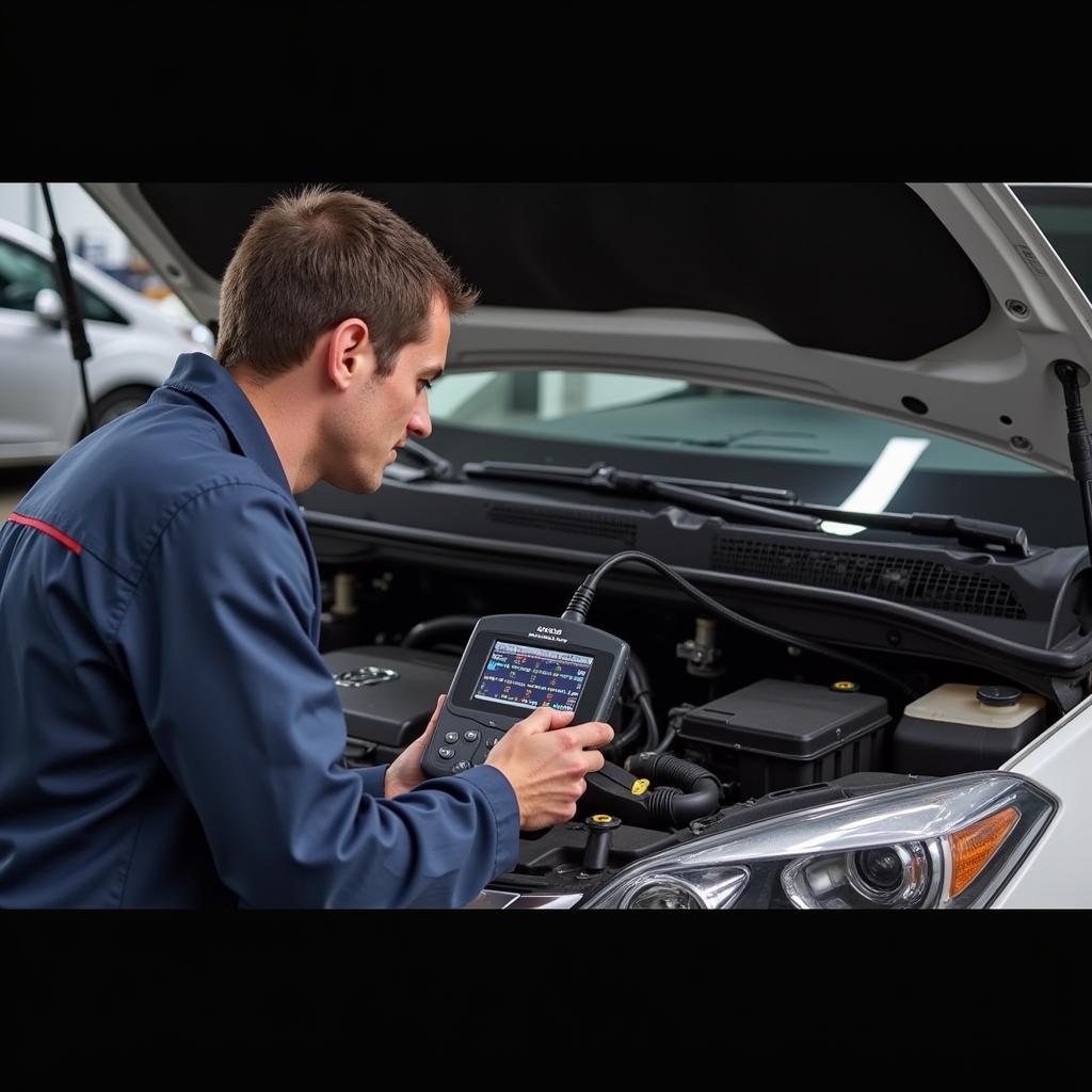 Mechanic Using VCM Diagnostic Tool on a Car