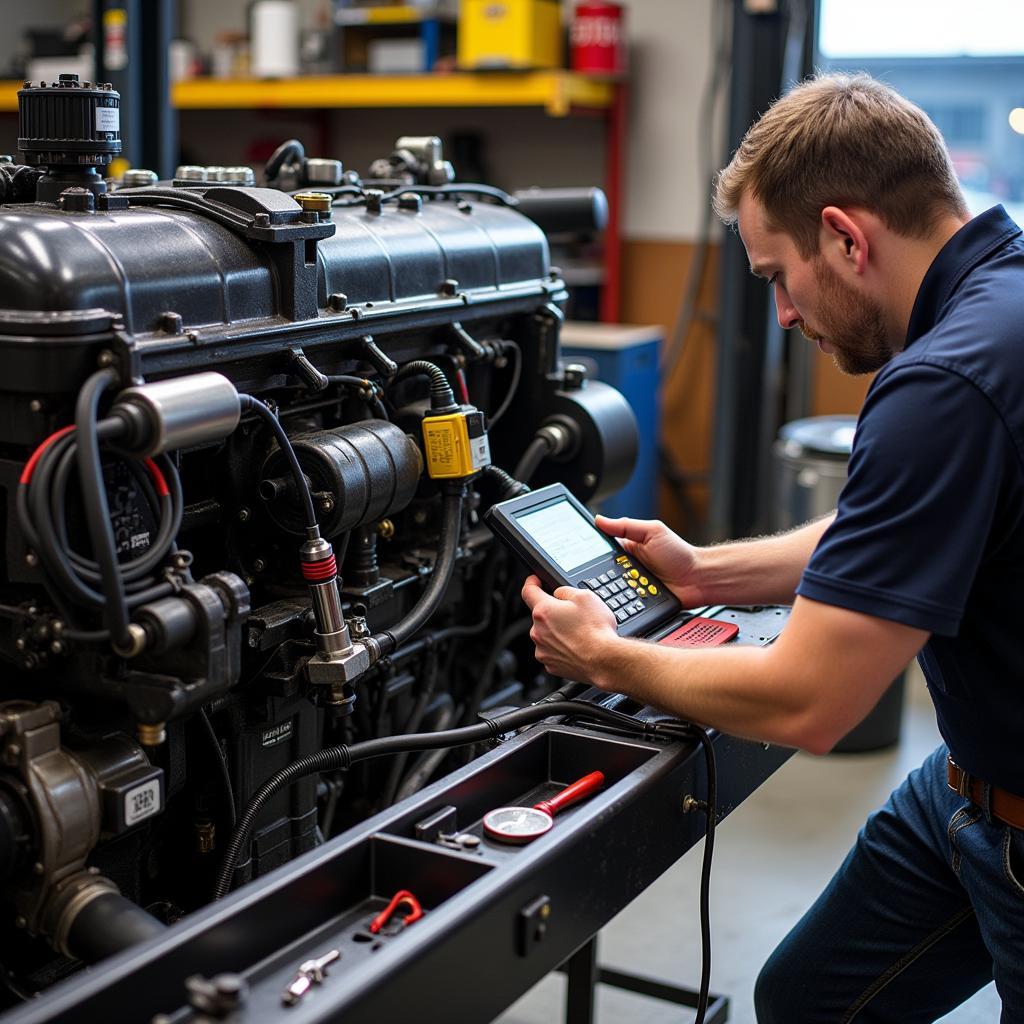 Mechanic using diagnostic tool to troubleshoot DD15 engine