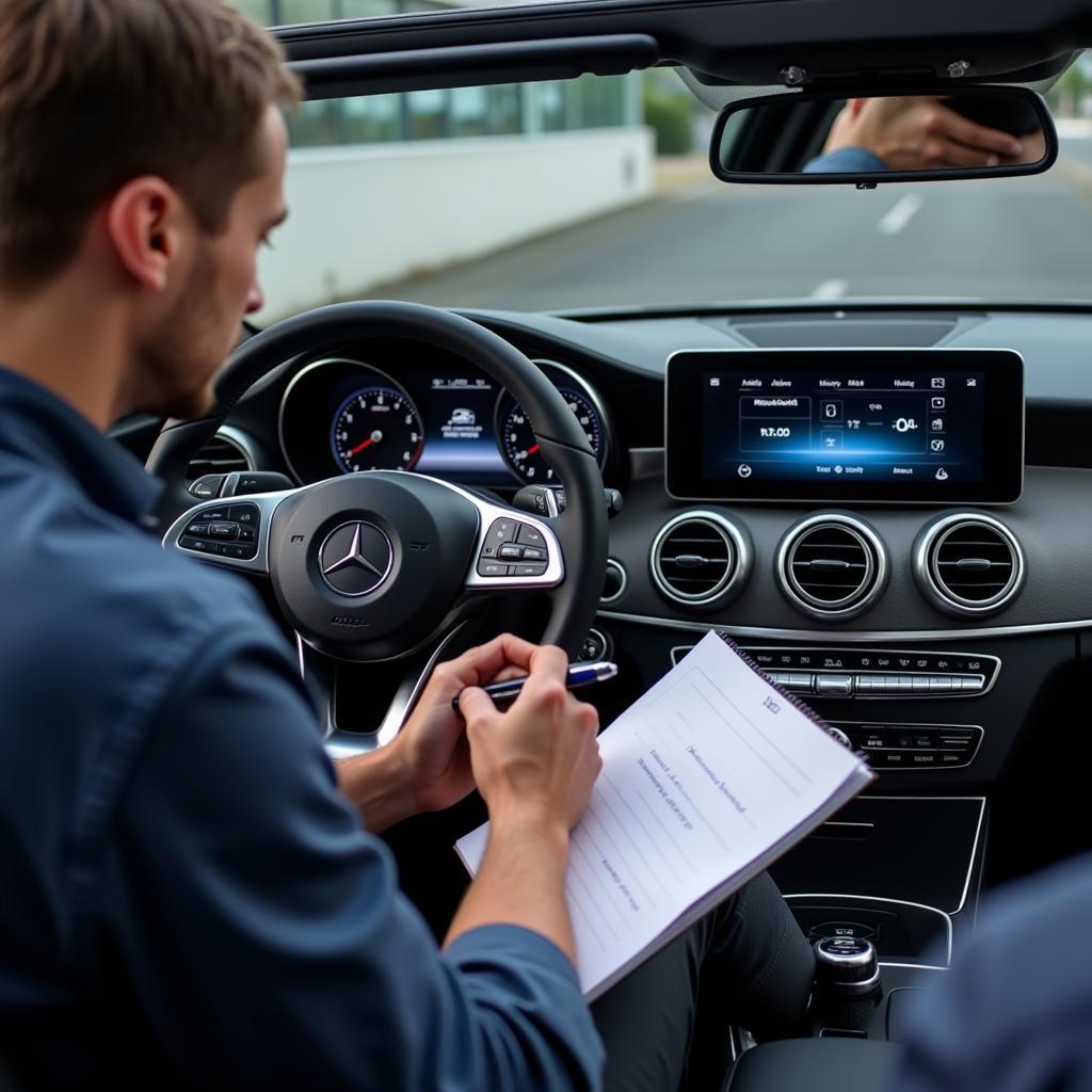 Mercedes Benz Technician Analyzing Scan Tool Data for Convertible Top Repair