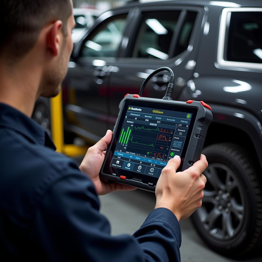 Professional-grade car health scanner in use at an auto repair shop.