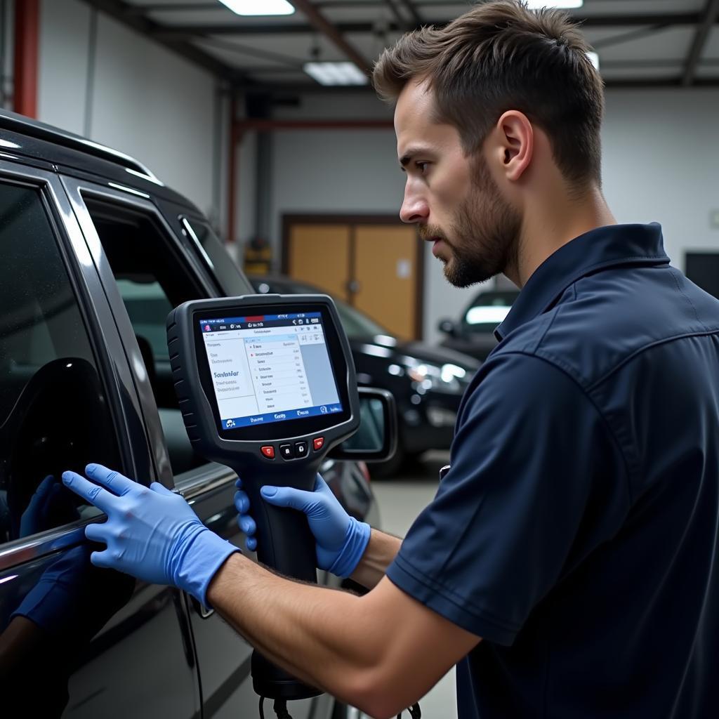 Professional Mechanic Using Car Diagnostic Tool in Workshop