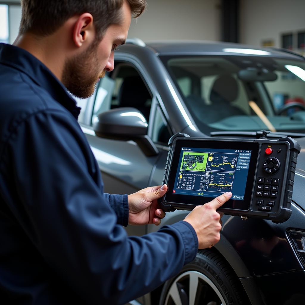 Professional Mechanic Using a Scan Tool to Diagnose a Car Problem