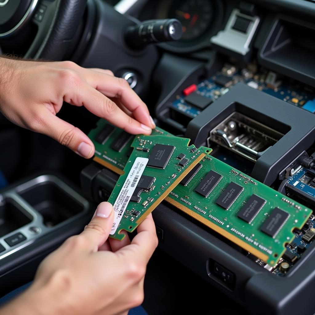 Technician Replacing a Faulty RAM Module in a Car Computer