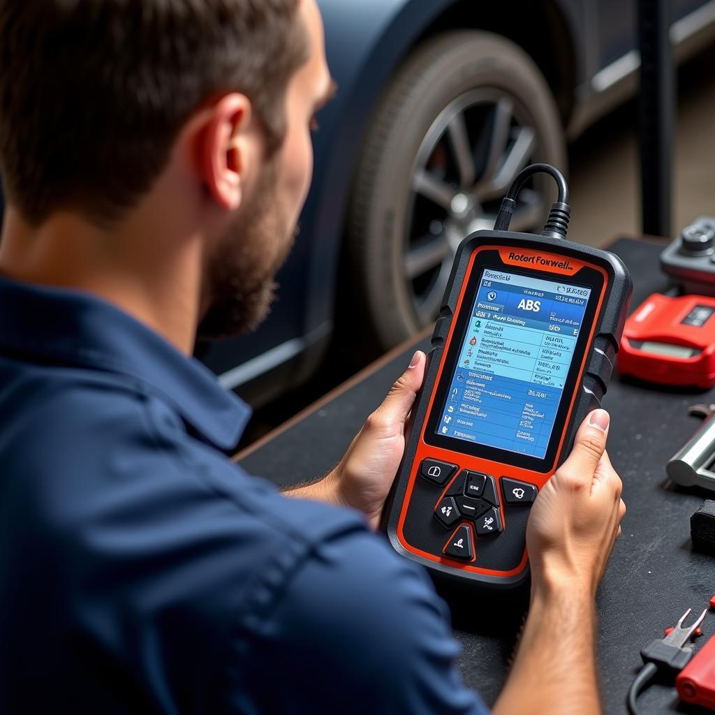 Robert Foxwell scanner being used to diagnose ABS problems in a car