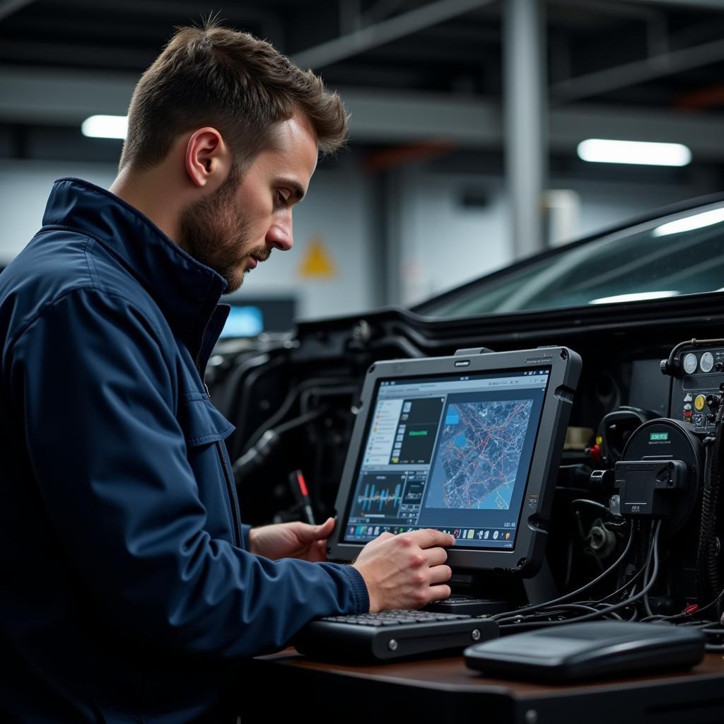 Automotive Technician Using a Diagnostic Scanner