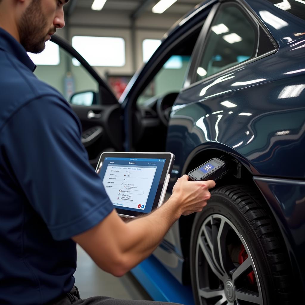 Technician Using Diagnostic Tool on Car