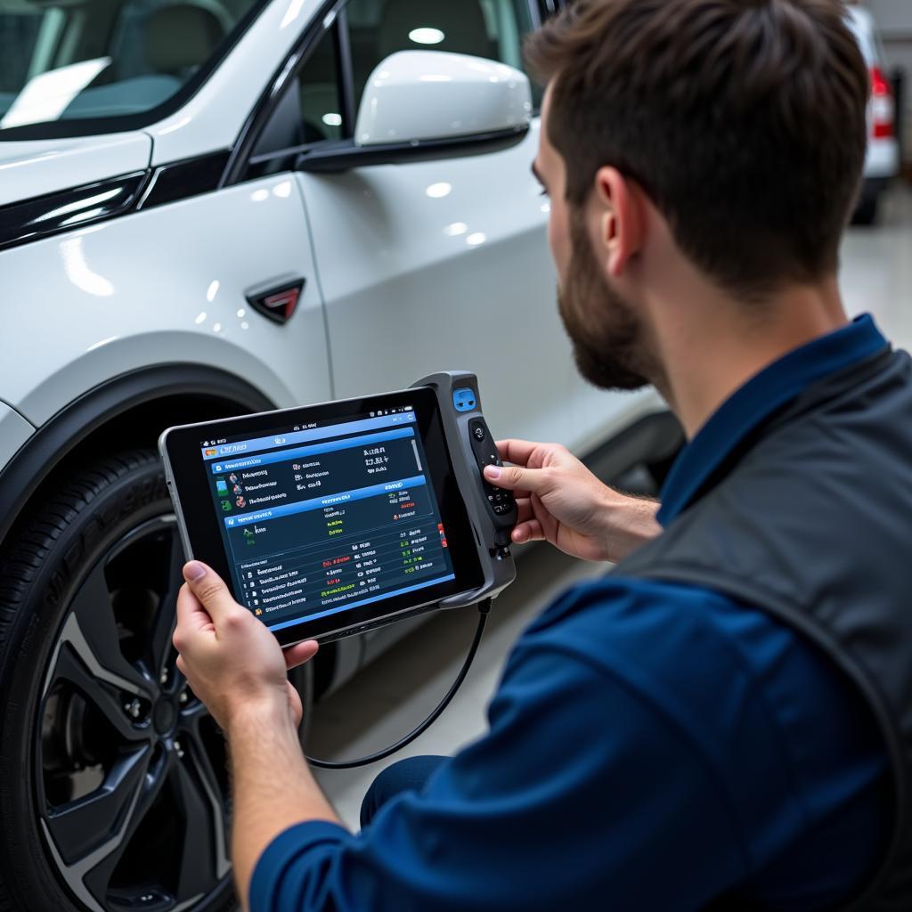 Technician Using Diagnostic Tool on EV