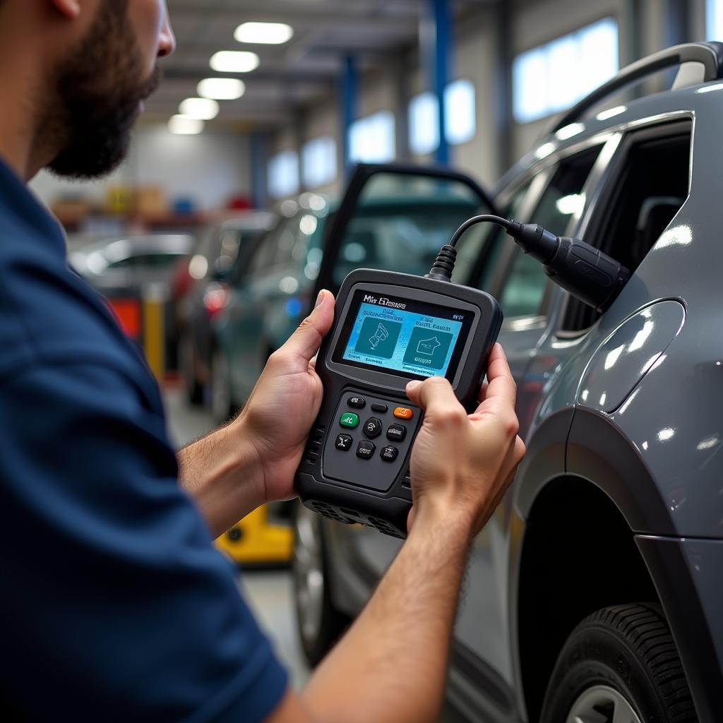 Technician Using Foxwell Mid Clarks to Diagnose a Car