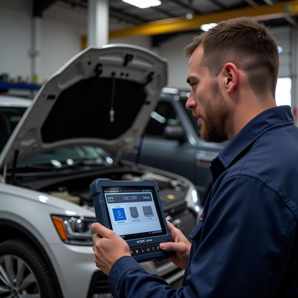 Technician Using Foxwell Scan Tool in Repair Shop