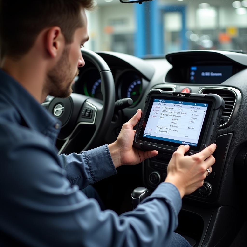 Automotive Technician Utilizing a Foxwell Scanner for Diagnostics