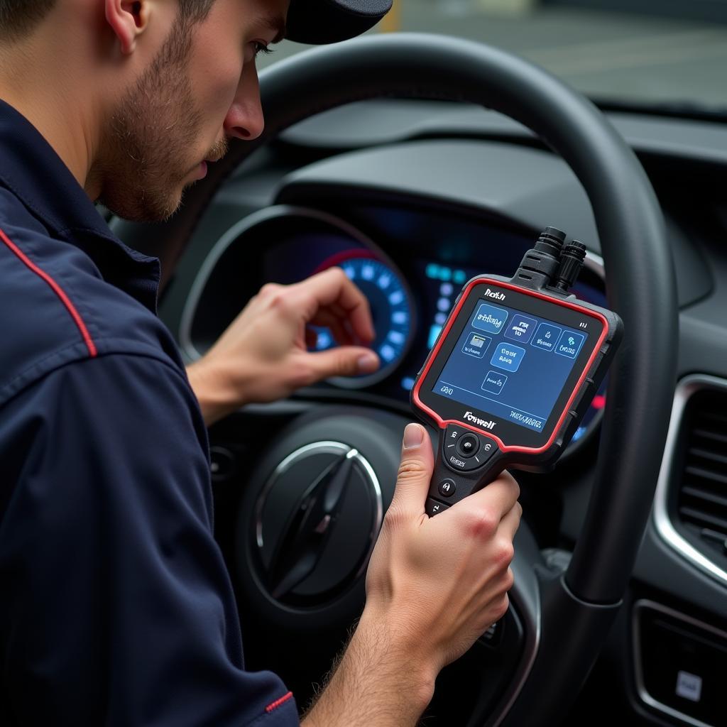 Technician Using Foxwell Scanner for Transmission Diagnosis