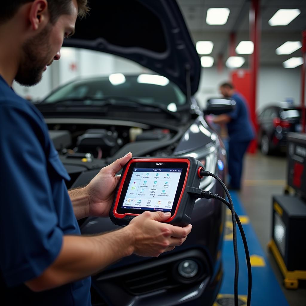 Technician Using HDS Honda Injection Tool in Workshop