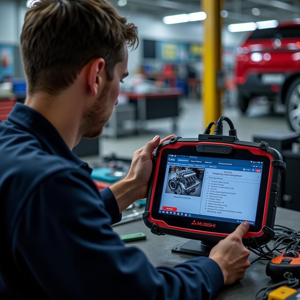 Technician Using MUT II to Diagnose Engine Problem