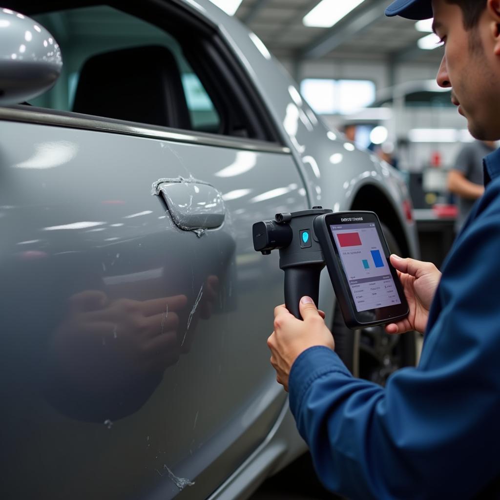 Technician using Paint Scanner on Damaged Car Panel