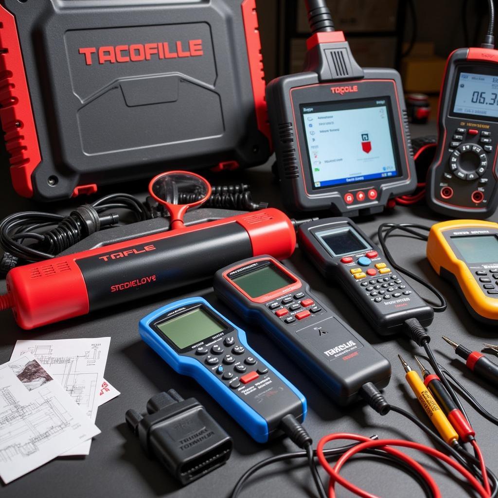 Different types of vehicle diagnostic tools laid out on a workbench