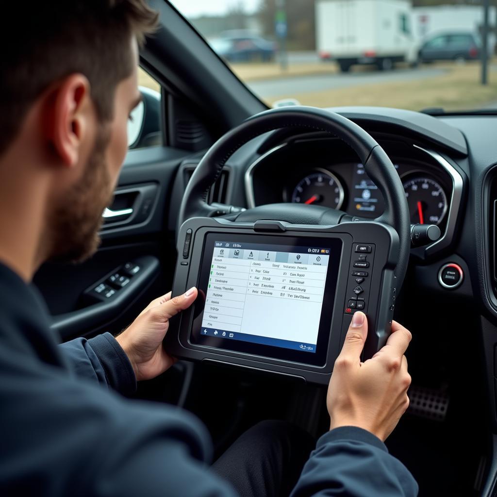 Technician using X-431 Pad II AE to diagnose a car